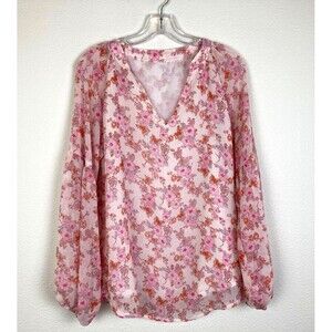 Women's V-Neck Chiffon Top Size M Pink Floral Balloon Sleeve Lined Feminine